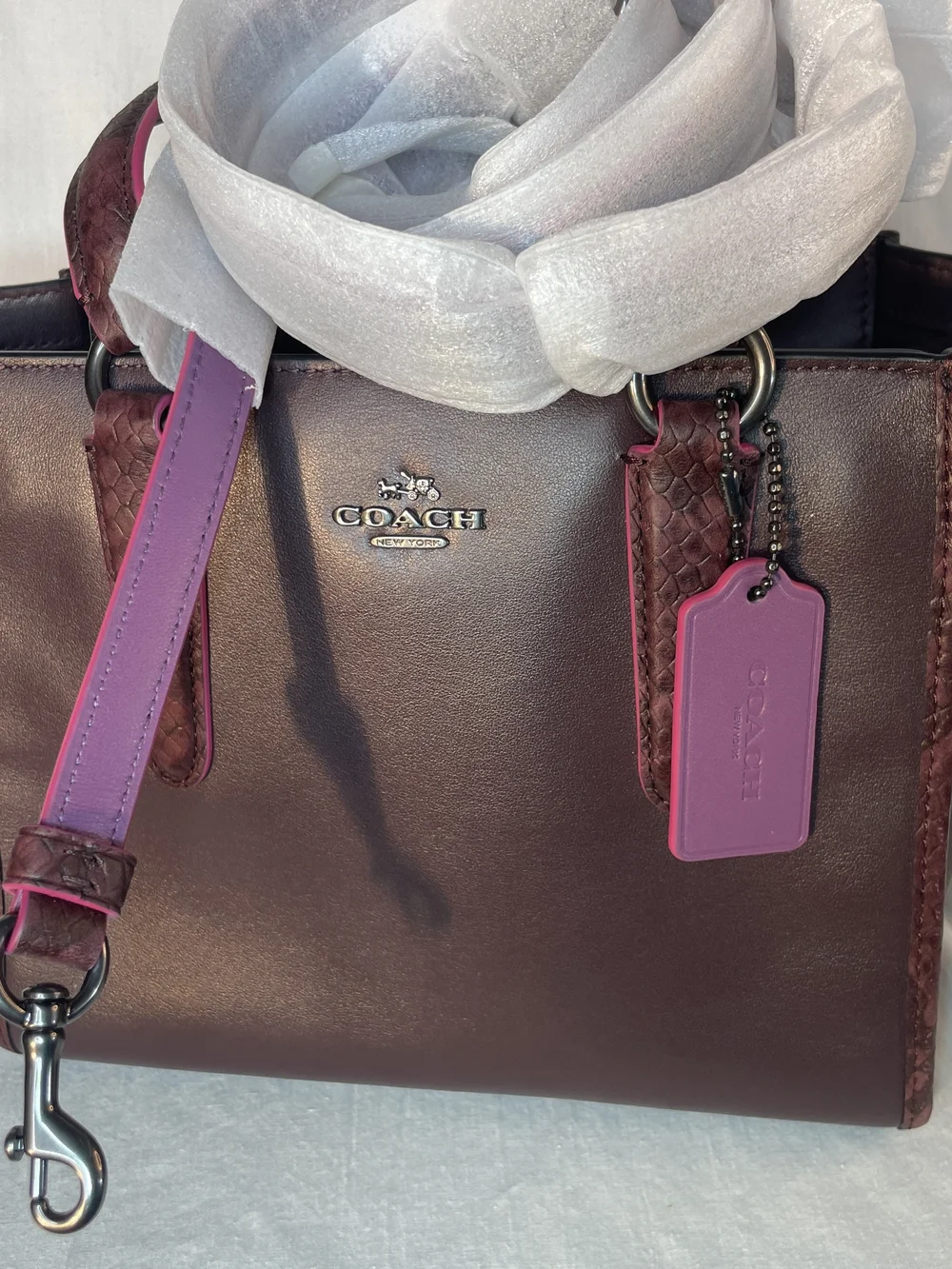 Coach Crosby Carryall 21 Burgundy Leather Shoulder Tote with Pink Trim  F20894